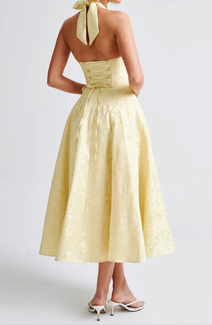 Triana | Yellow Floral Jacquard Halter Neck Midi Wedding Guest Dress