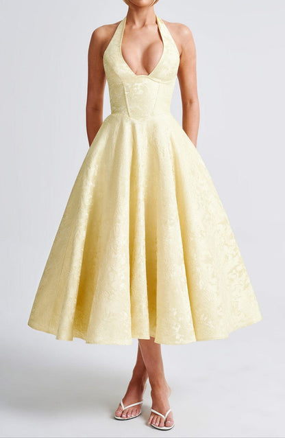 Triana | Yellow Floral Jacquard Halter Neck Midi Wedding Guest Dress