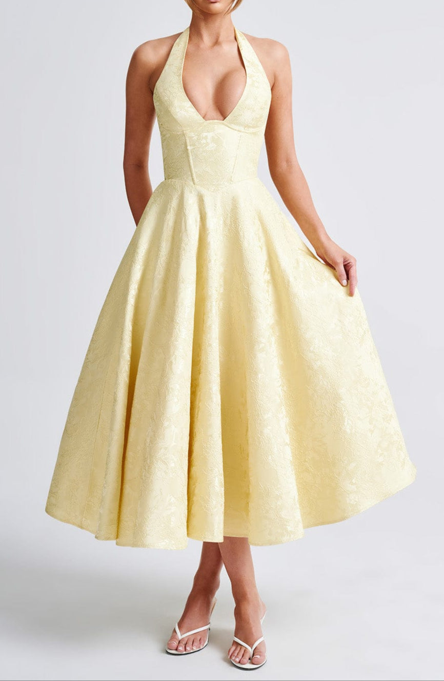 Triana | Yellow Floral Jacquard Halter Neck Midi Wedding Guest Dress