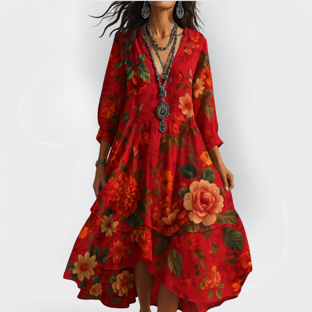 Flora | 3/4 Sleeve Floral V Neck Tiered Boho Midi Dress