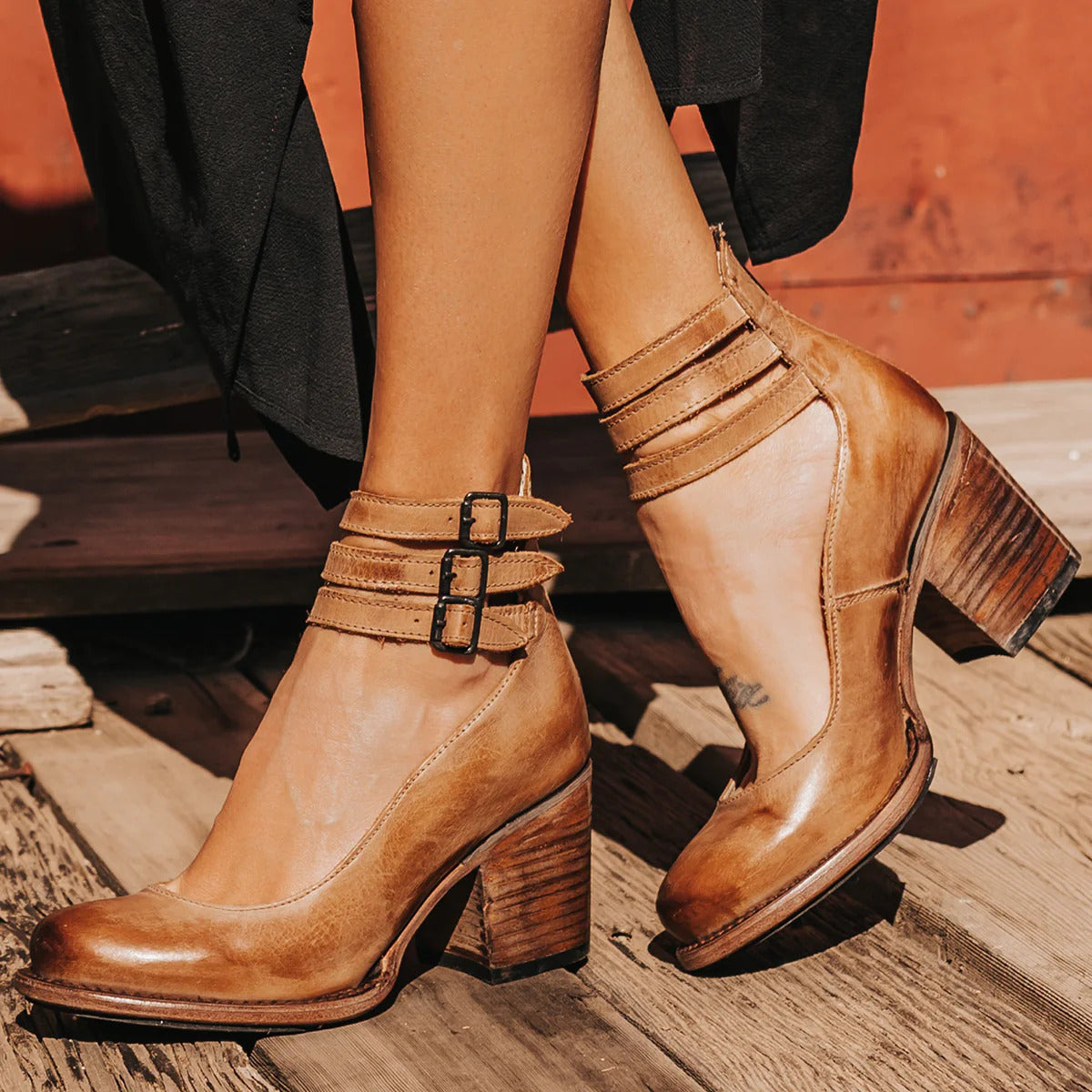 Verona | Double Buckle Ankle Strap Stacked Block Heel Boot