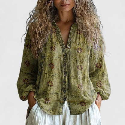 Mykayla | Long Sleeve V Neck Contrast Trim Boho Printed Linen Blouse