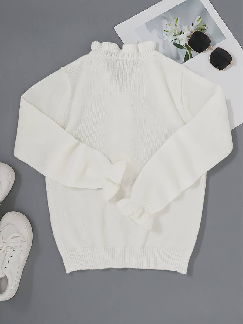 Kristi | Long Sleeve Ruffle Trim V Neck Jewel Button Knit Blouse