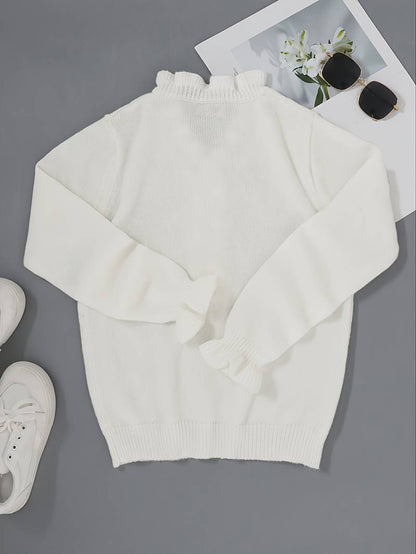 Kristi | Long Sleeve Ruffle Trim V Neck Jewel Button Knit Blouse