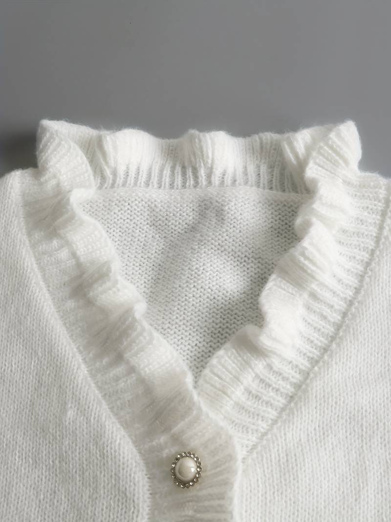 Kristi | Long Sleeve Ruffle Trim V Neck Jewel Button Knit Blouse