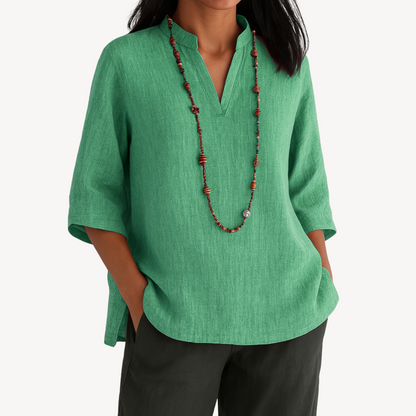Sage | Notched V Neck 3/4 Sleeve Relaxed Linen Blend Tunic Top