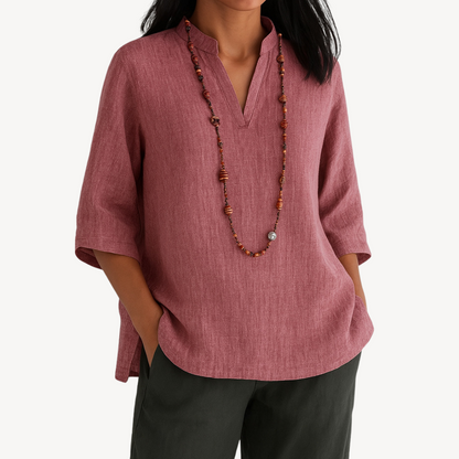 Sage | Notched V Neck 3/4 Sleeve Relaxed Linen Blend Tunic Top
