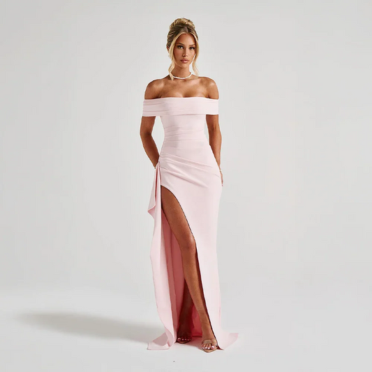 Vivienne | Off Shoulder Maxi Dress Ruched High Slit Formal