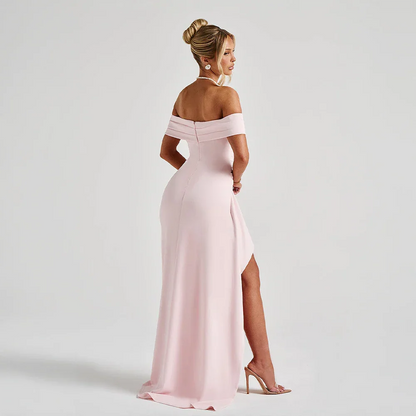 Vivienne | Off Shoulder Maxi Dress Ruched High Slit Formal