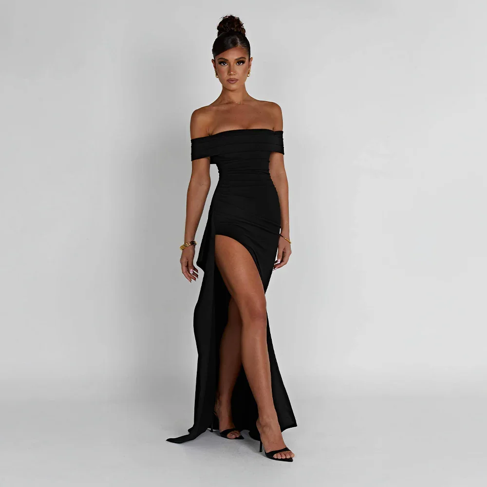 Vivienne | Off Shoulder Maxi Dress Ruched High Slit Formal
