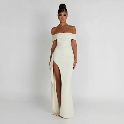 Vivienne | Off Shoulder Maxi Dress Ruched High Slit Formal