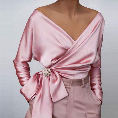 Elara | Women's Satin Wrap Bow Blouse