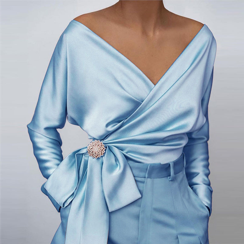 Elara | Women's Satin Wrap Bow Blouse
