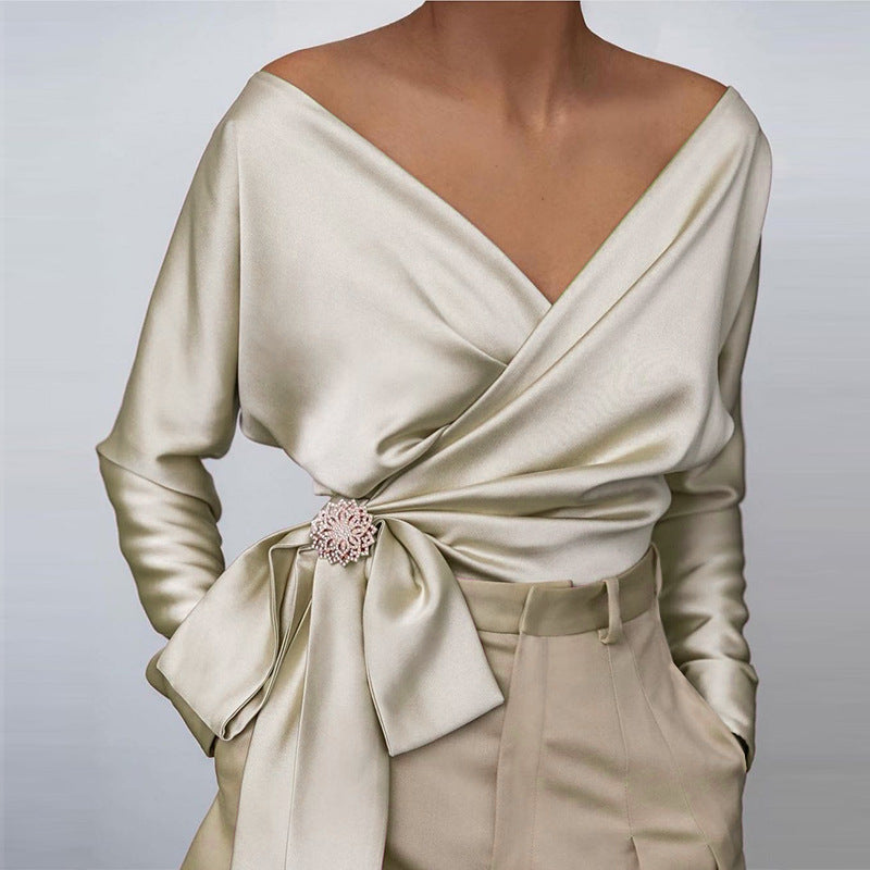 Elara | Women's Satin Wrap Bow Blouse