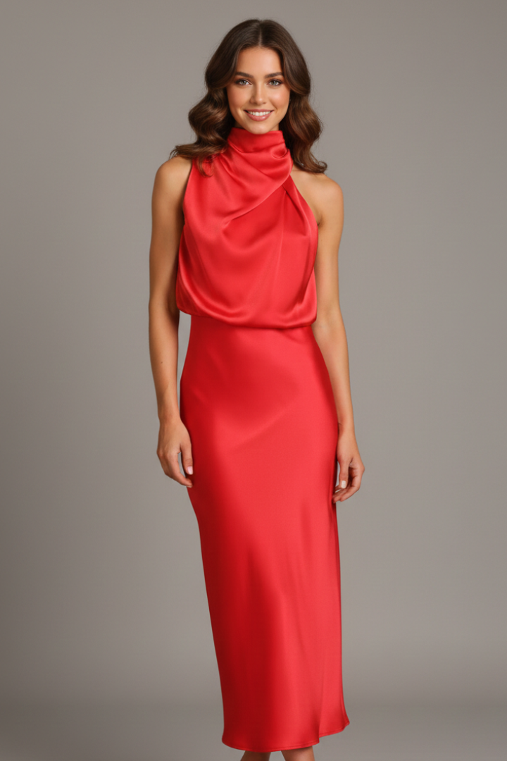 Celina | Draped High Neck Halter Sleeveless Satin Elegant Midi Dress
