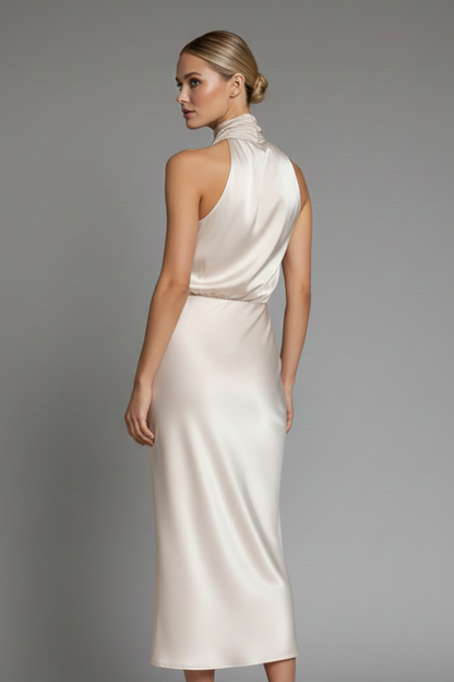 Celina | Draped High Neck Halter Sleeveless Satin Elegant Midi Dress