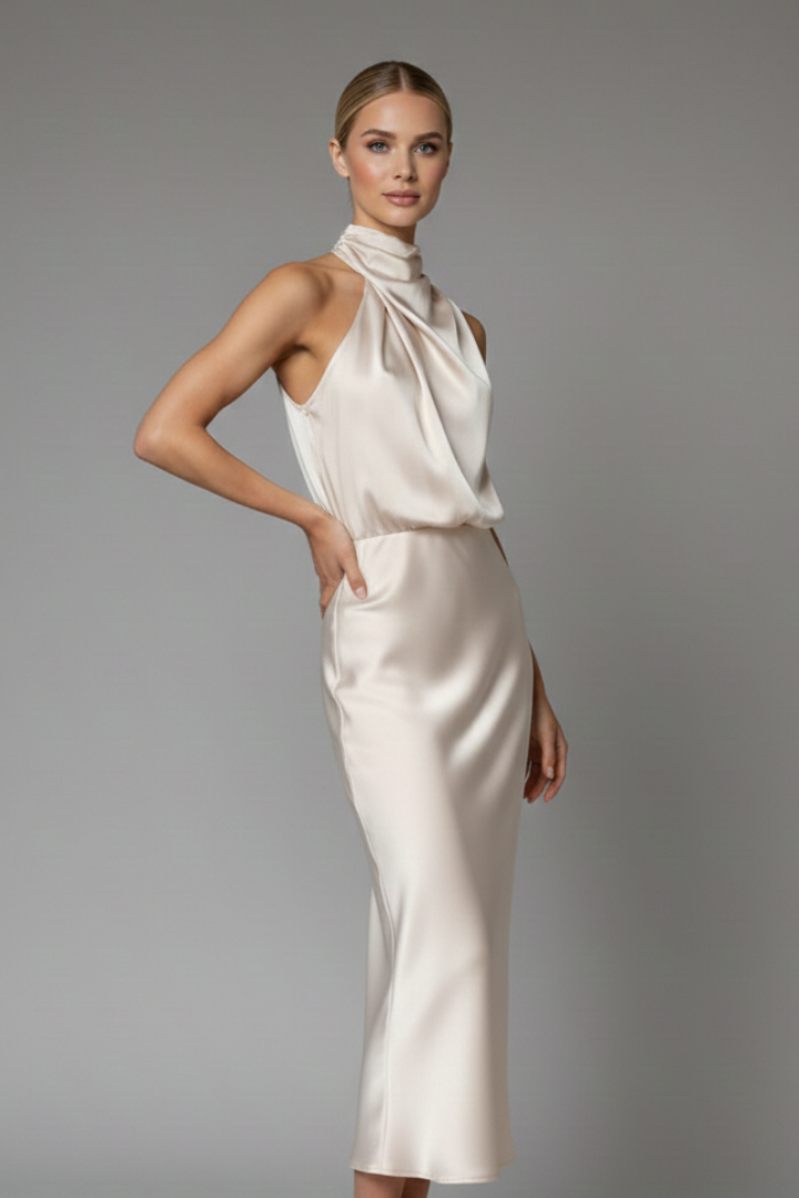 Celina | Draped High Neck Halter Sleeveless Satin Elegant Midi Dress