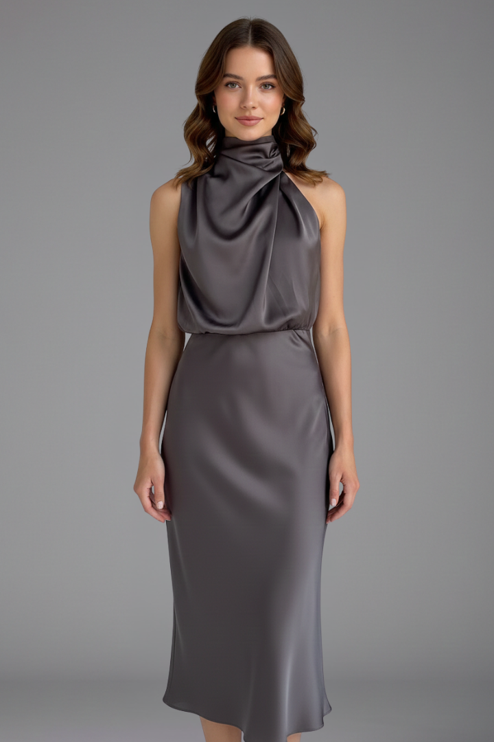 Celina | Draped High Neck Halter Sleeveless Satin Elegant Midi Dress