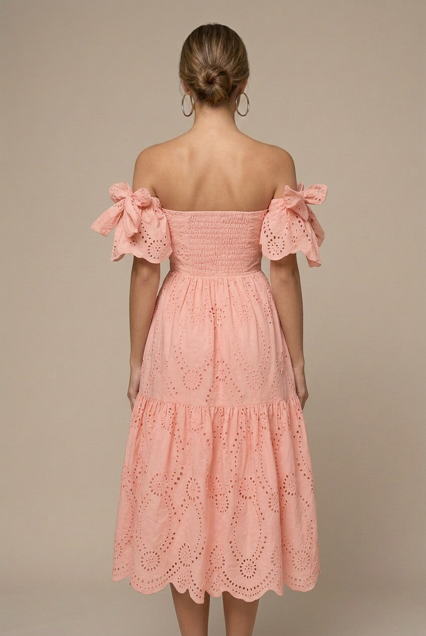 Lily | Eyelet Off Shoulder Ruffle Sleeve Midi Wedding Guest Dress