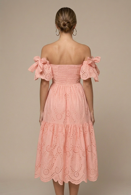 Lily | Eyelet Off Shoulder Ruffle Sleeve Midi Wedding Guest Dress