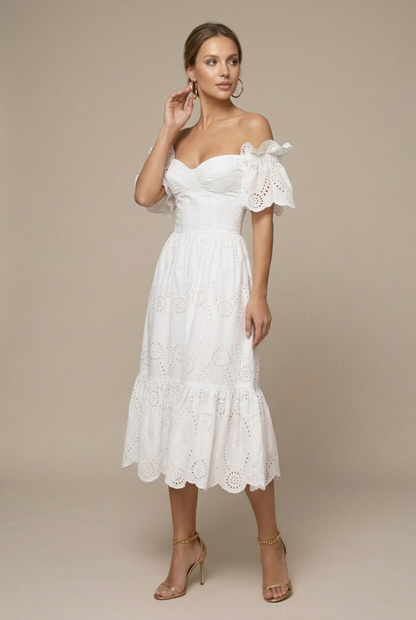 Lily | Eyelet Off Shoulder Ruffle Sleeve Midi Wedding Guest Dress