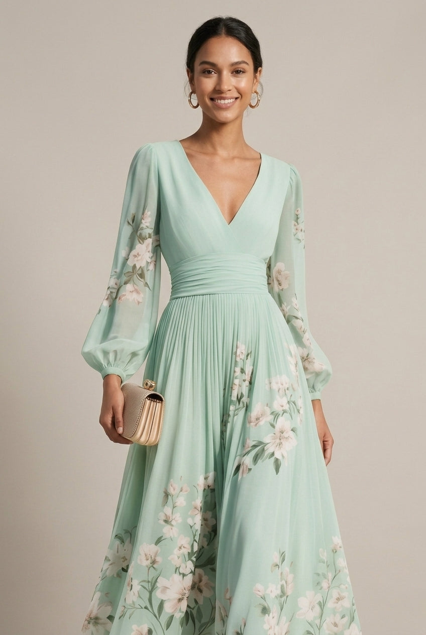 Celeste | Bishop Sleeve Floral V Neck Flowing Chiffon Maxi Wedding Guest Dress