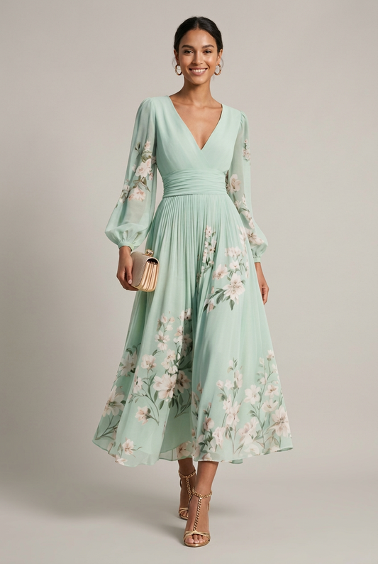 Celeste | Bishop Sleeve Floral V Neck Flowing Chiffon Maxi Wedding Guest Dress