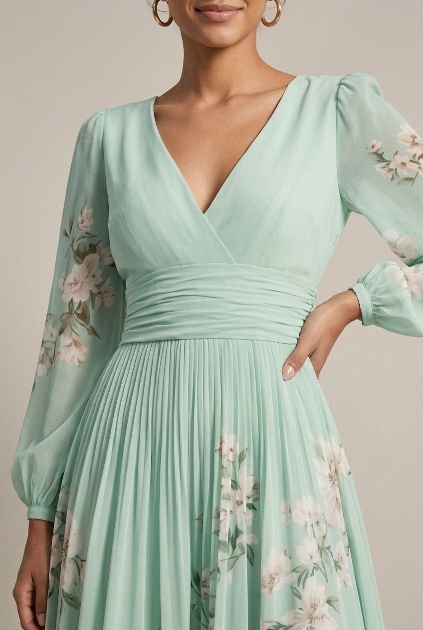 Celeste | Bishop Sleeve Floral V Neck Flowing Chiffon Maxi Wedding Guest Dress