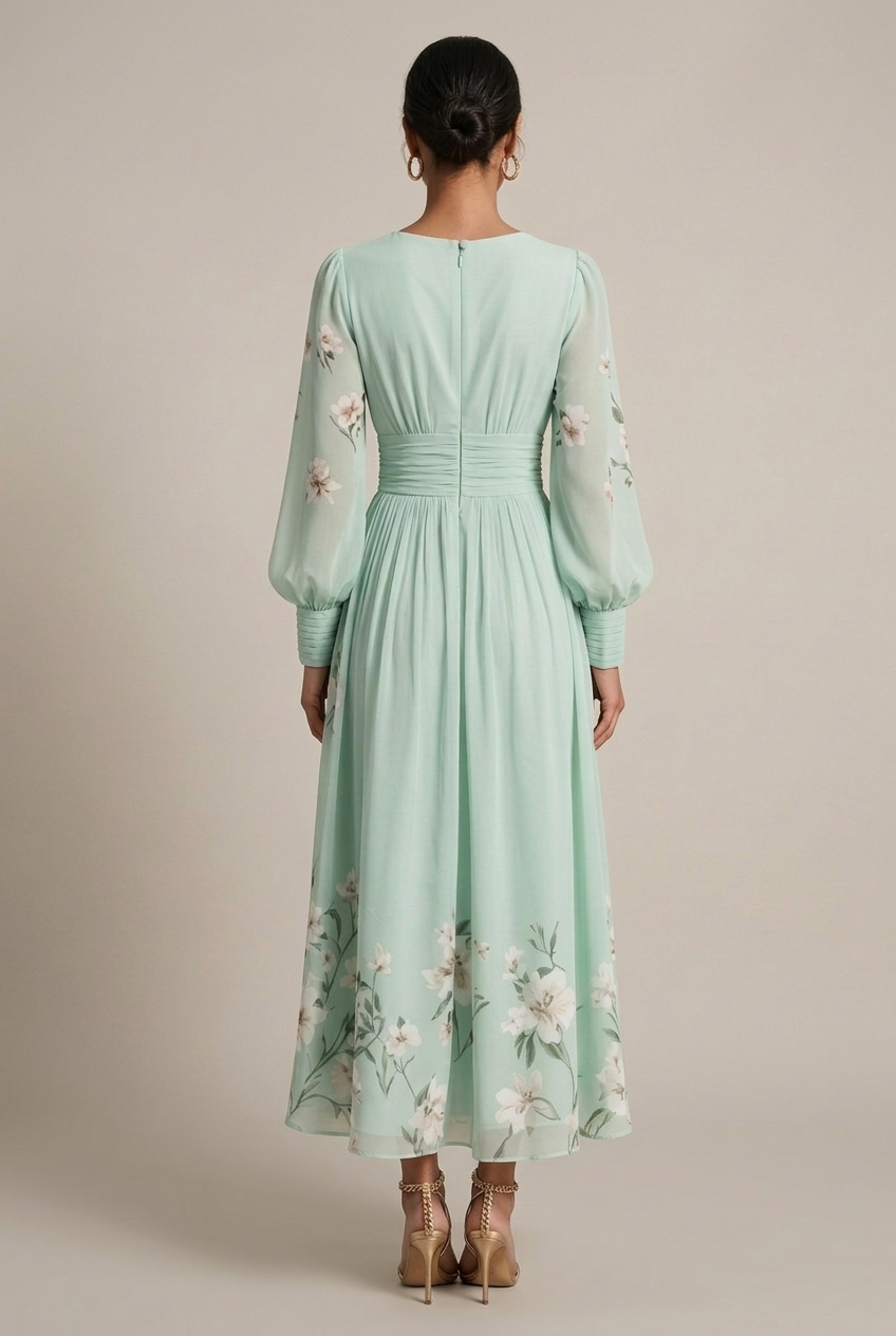 Celeste | Bishop Sleeve Floral V Neck Flowing Chiffon Maxi Wedding Guest Dress