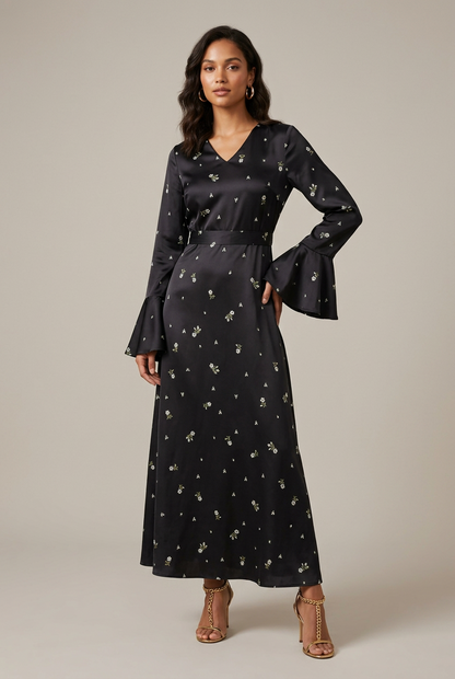 Rose | Floral V Neck Bell Sleeve A-Line Maxi Dress