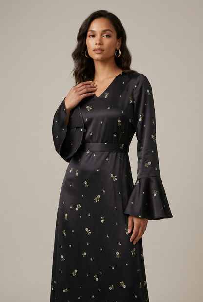 Rose | Floral V Neck Bell Sleeve A-Line Maxi Dress
