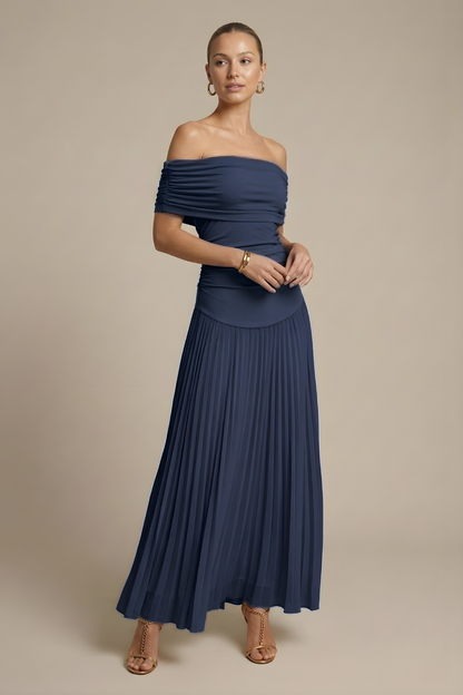 Emma | Off Shoulder Ruched Pleated Maxi Wedding Guest Dress