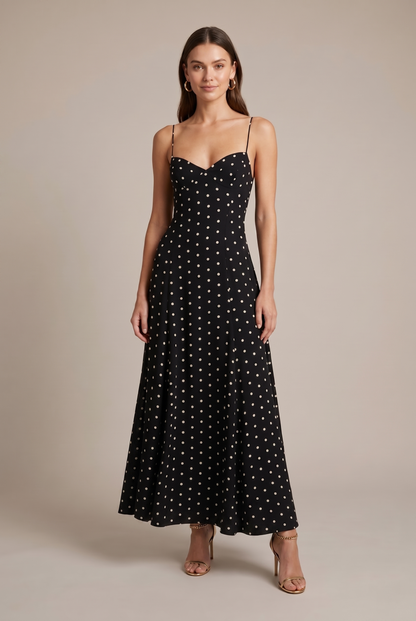 Noelle | Spaghetti Strap Sweetheart Polka Dot Flowing Maxi Wedding Guest Dress