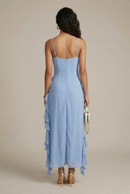 Zara | Ruffle V Neck Tiered High Low Wedding Guest Dress