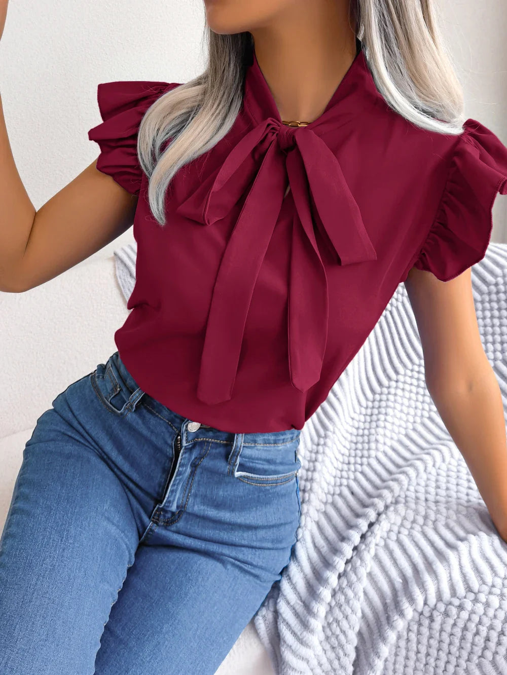 Ethel | Sleeveless Bow Tie Neck Ruffle Shoulder Elegant Blouse