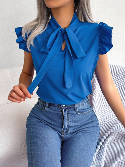 Ethel | Sleeveless Bow Tie Neck Ruffle Shoulder Elegant Blouse