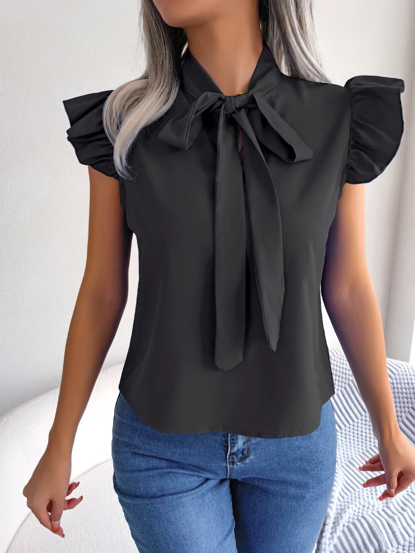 Ethel | Sleeveless Bow Tie Neck Ruffle Shoulder Elegant Blouse