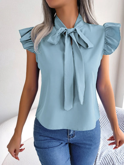 Ethel | Sleeveless Bow Tie Neck Ruffle Shoulder Elegant Blouse
