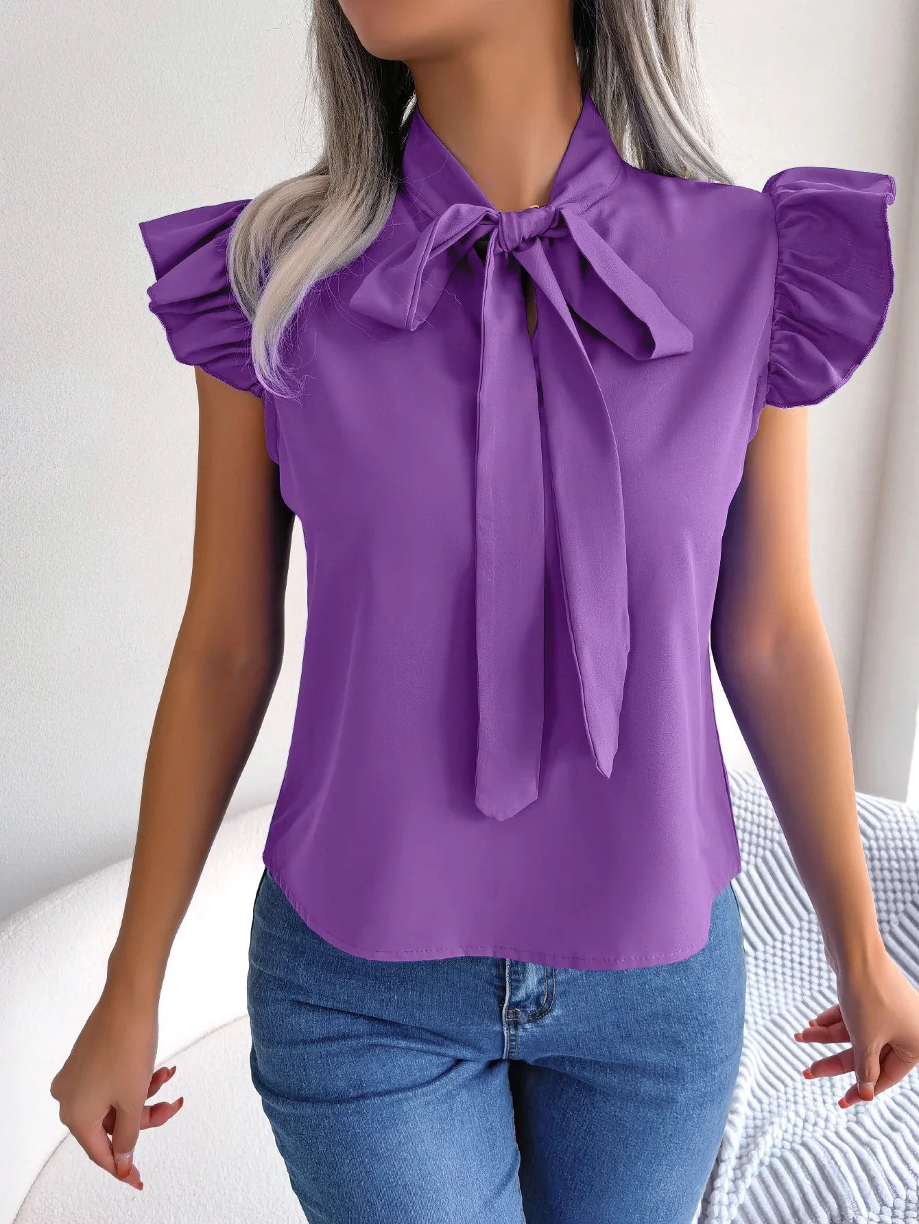 Ethel | Sleeveless Bow Tie Neck Ruffle Shoulder Elegant Blouse
