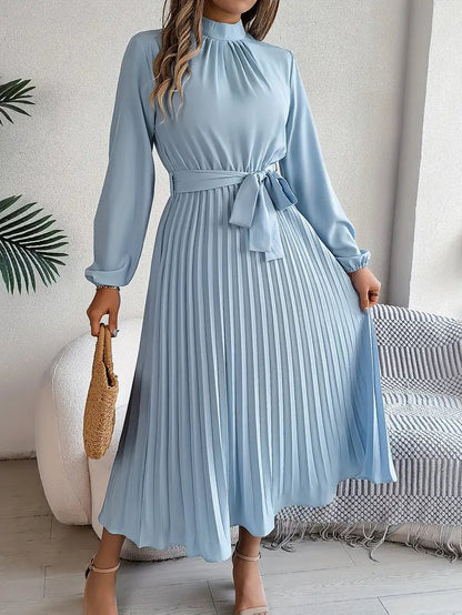 Chloé | Pleated Belted Waist Long Sleeve Midi Wedding Guest Dress
