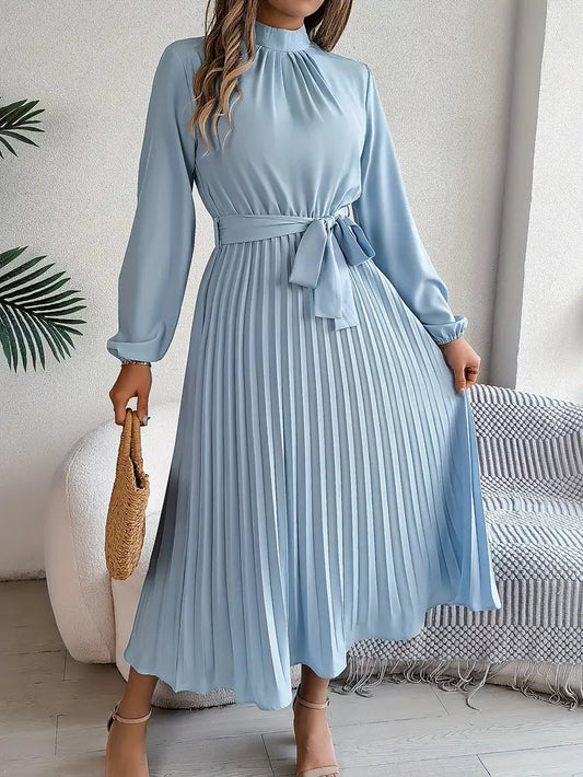 Chloé | Pleated Belted Waist Long Sleeve Midi Wedding Guest Dress