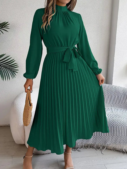 Chloé | Pleated Belted Waist Long Sleeve Midi Wedding Guest Dress