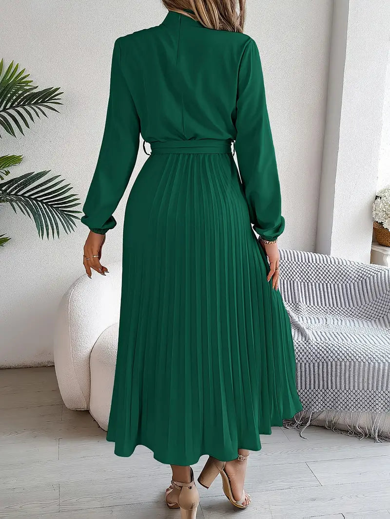 Chloé | Pleated Belted Waist Long Sleeve Midi Wedding Guest Dress