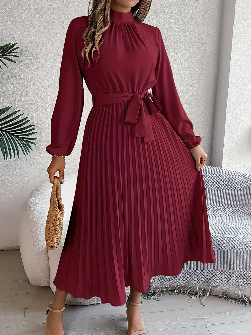 Chloé | Pleated Belted Waist Long Sleeve Midi Wedding Guest Dress