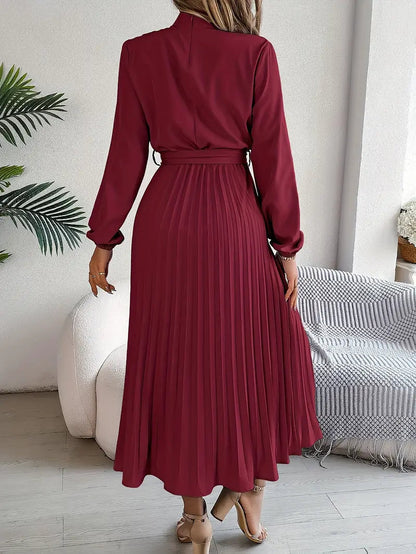 Chloé | Pleated Belted Waist Long Sleeve Midi Wedding Guest Dress