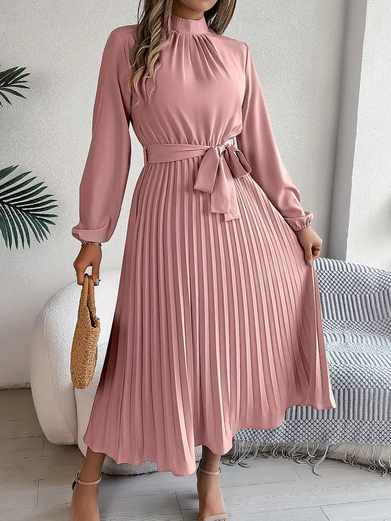 Chloé | Pleated Belted Waist Long Sleeve Midi Wedding Guest Dress
