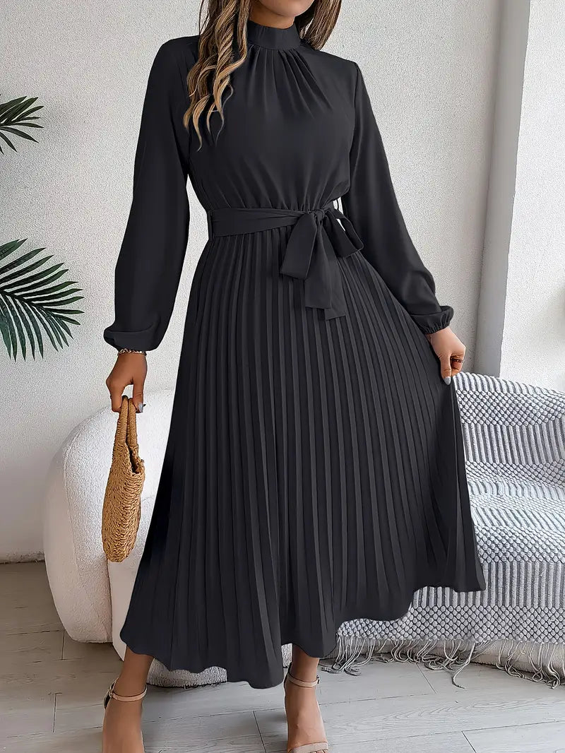 Chloé | Pleated Belted Waist Long Sleeve Midi Wedding Guest Dress