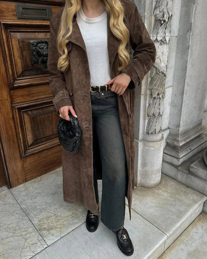 Rosaria | Women's Long Suede Trench Coat Belted Tailored Coat