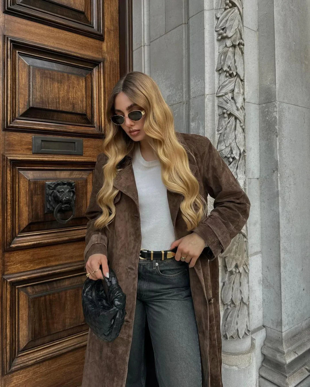 Rosaria | Women's Long Suede Trench Coat Belted Tailored Coat