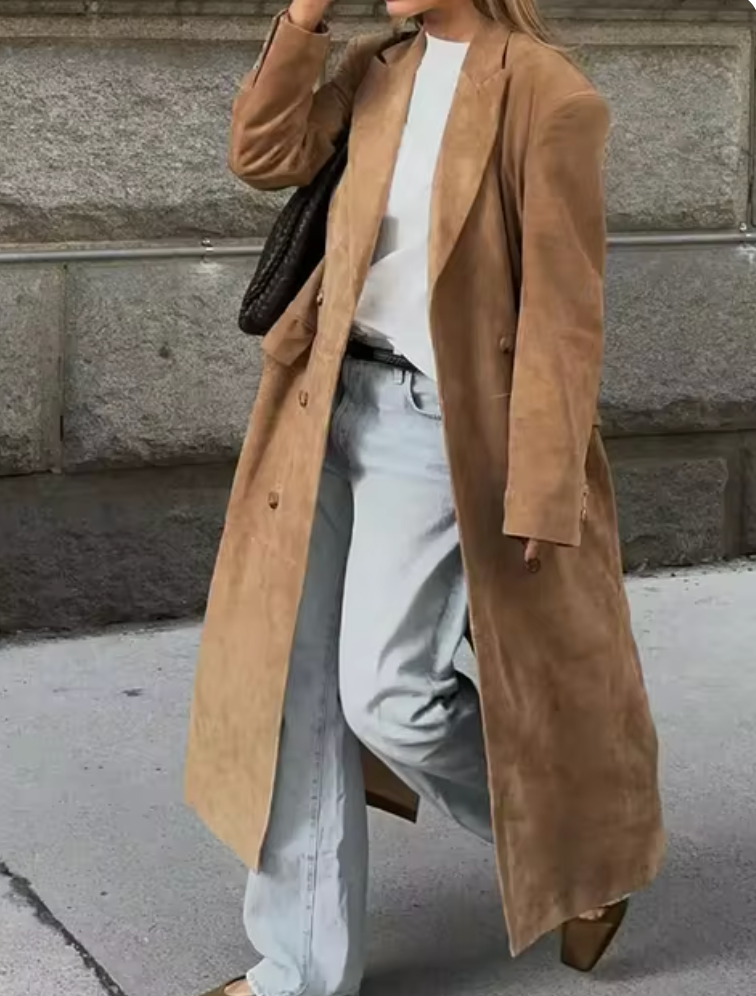 Rosaria | Women's Long Suede Trench Coat Belted Tailored Coat